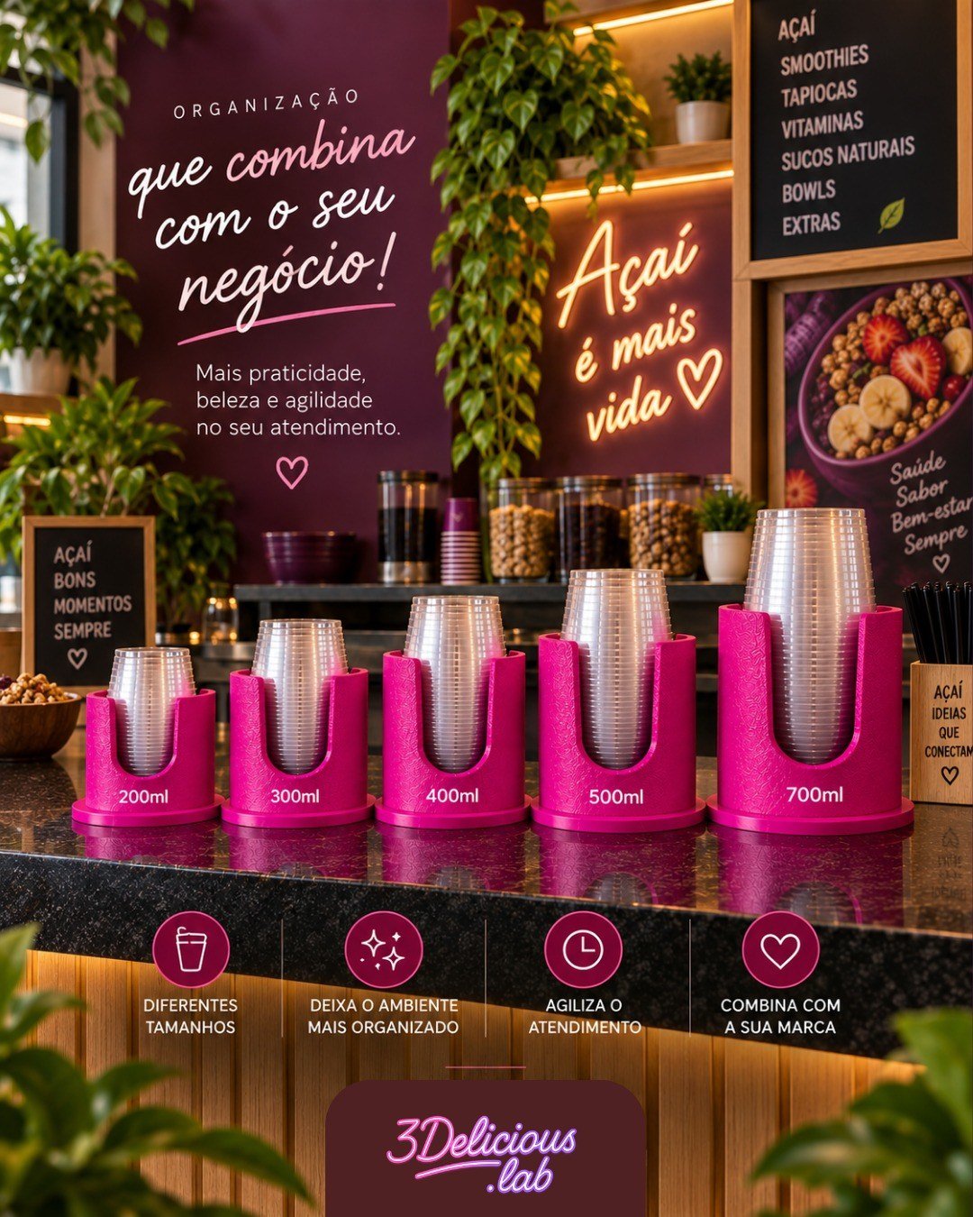 Suporte organizador para copos de açaí